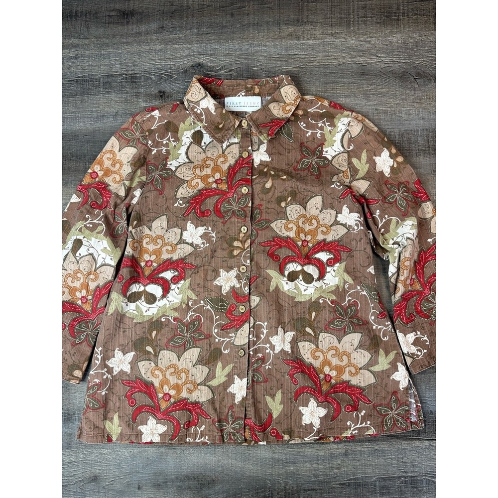 First Issue Liz Claiborne Brown Floral Paisley Tapestry Shirt Tab Sleeve XL